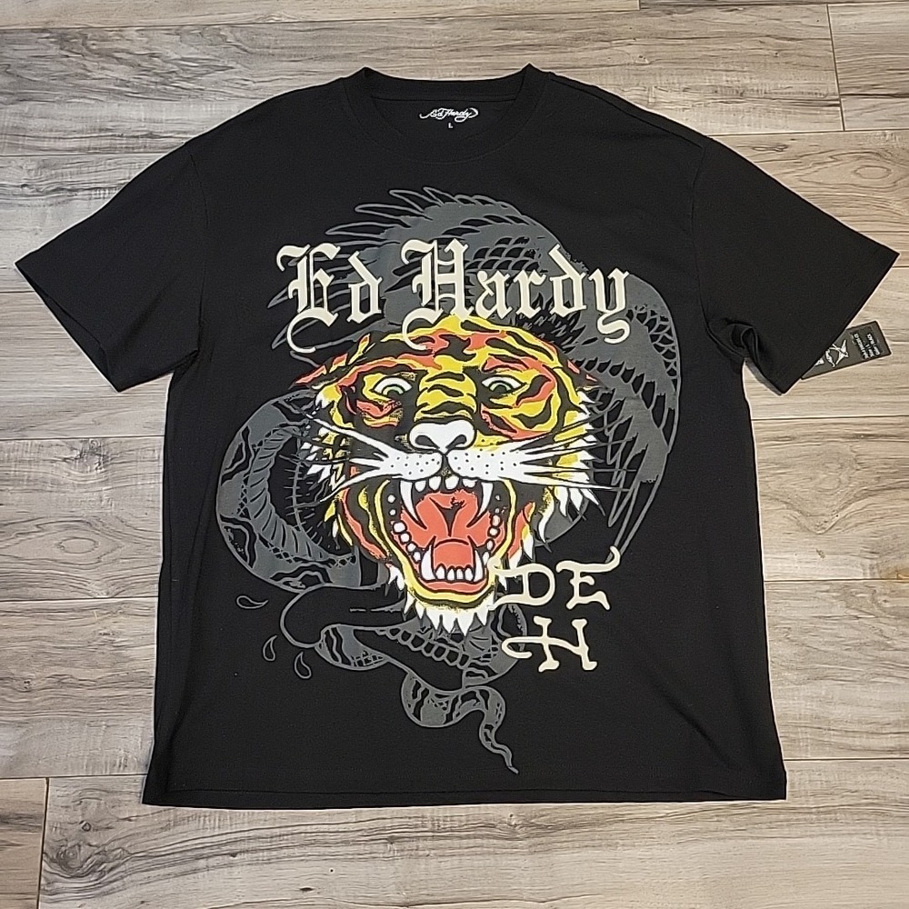 Ed Hardy Tattoo Tiger T-Shirt Retro Graphic Mens Size‎ L Black NEW - Picture 2 of 10